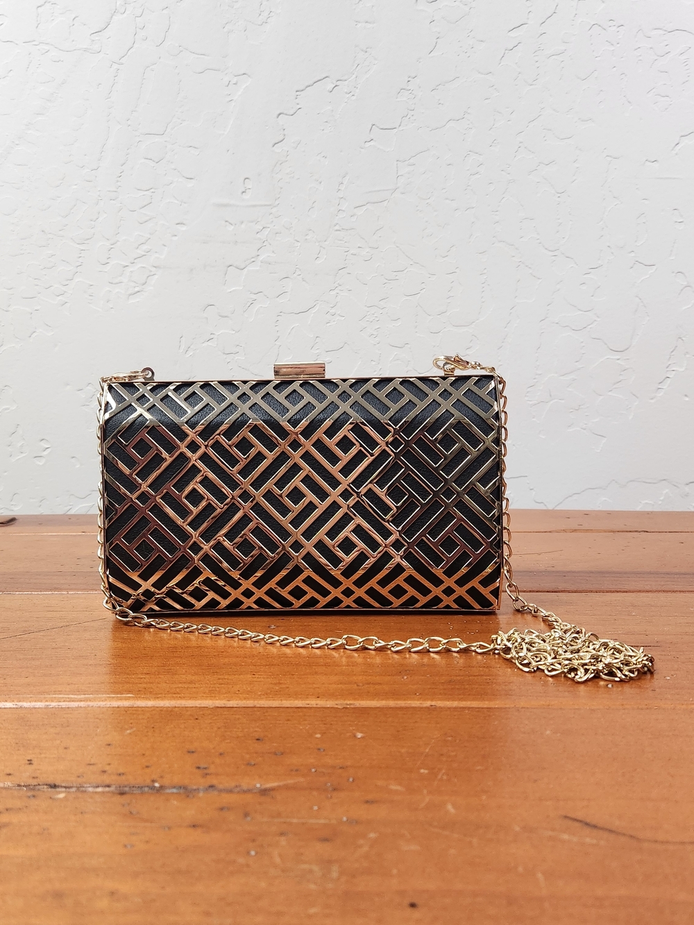 MADISON WEST || Gold-Accent Black Geometric Evening Clutch